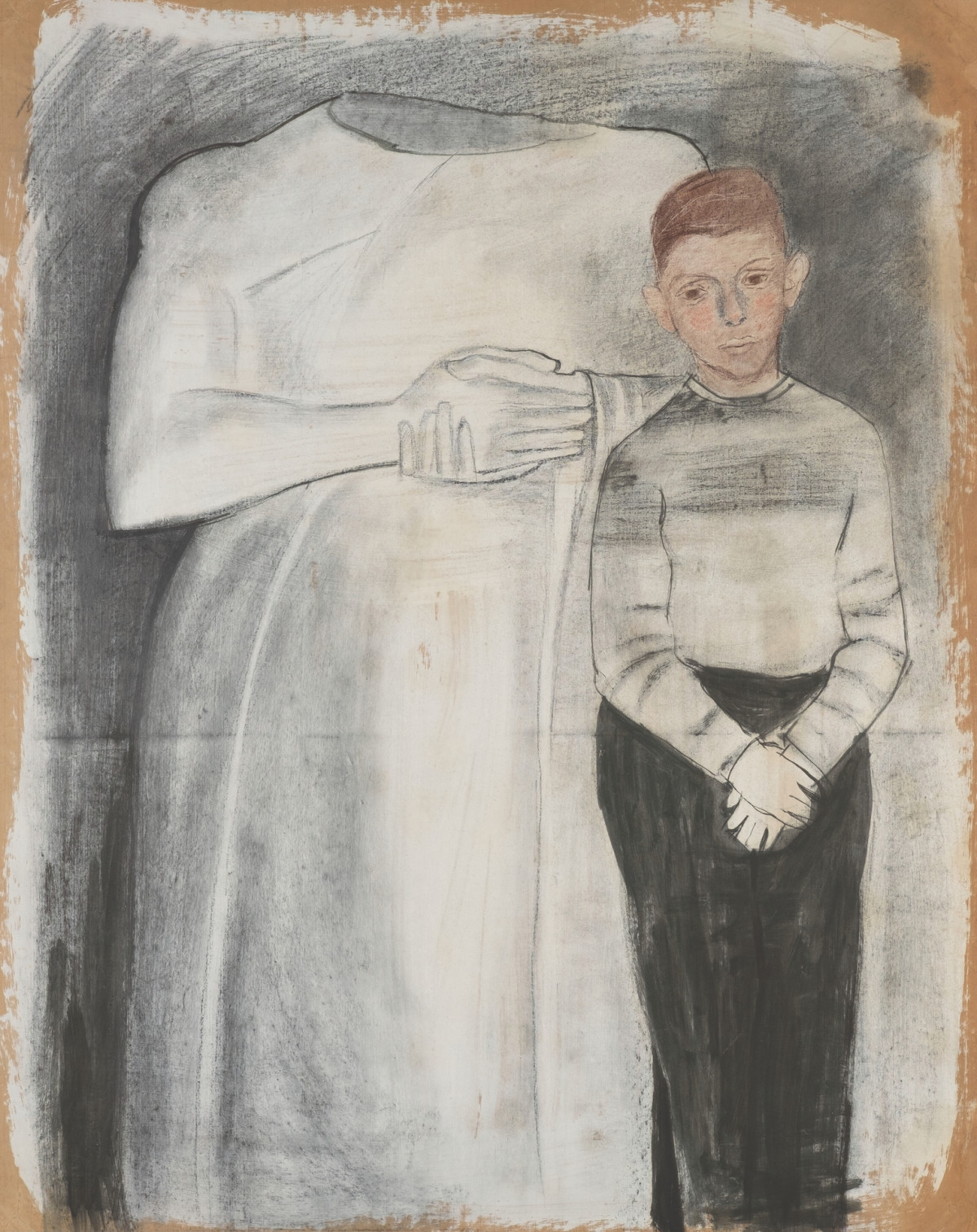 Andrzej Wróblewski, Chłopiec z rzeźbą I, 1955 rok, technika mieszana, papier, 126.5 x 100 cm, Starak Collection 